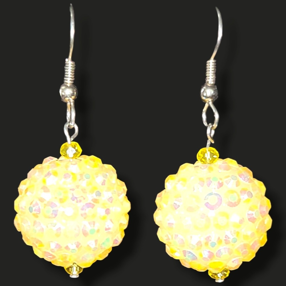 Yellow Aurora Borealis Rhinestone Disco Ball Dangle Earrings 2"